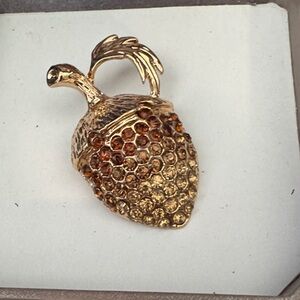Gold Tone Pave Strawberry Brooch with Amber Crystals